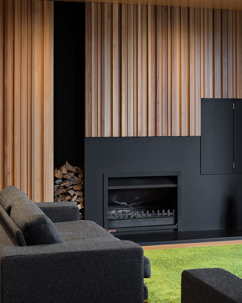 timber textured wall and steel fireplace