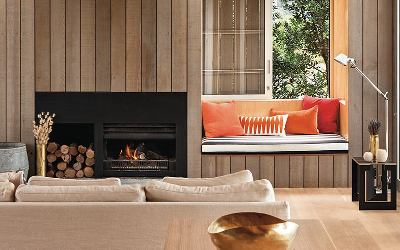 steel fireplace and timber interior living