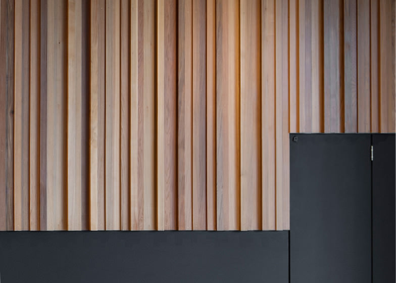 timber textured wall detail black steel