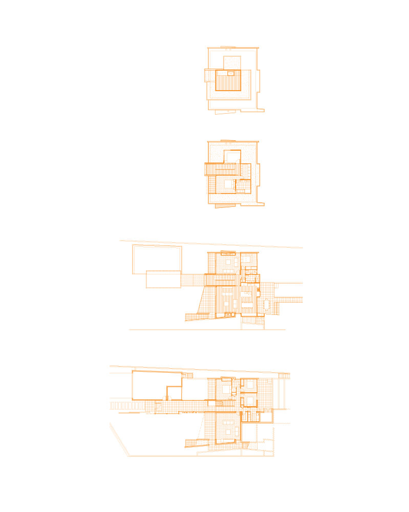 orange architectural plan drawings of modern house