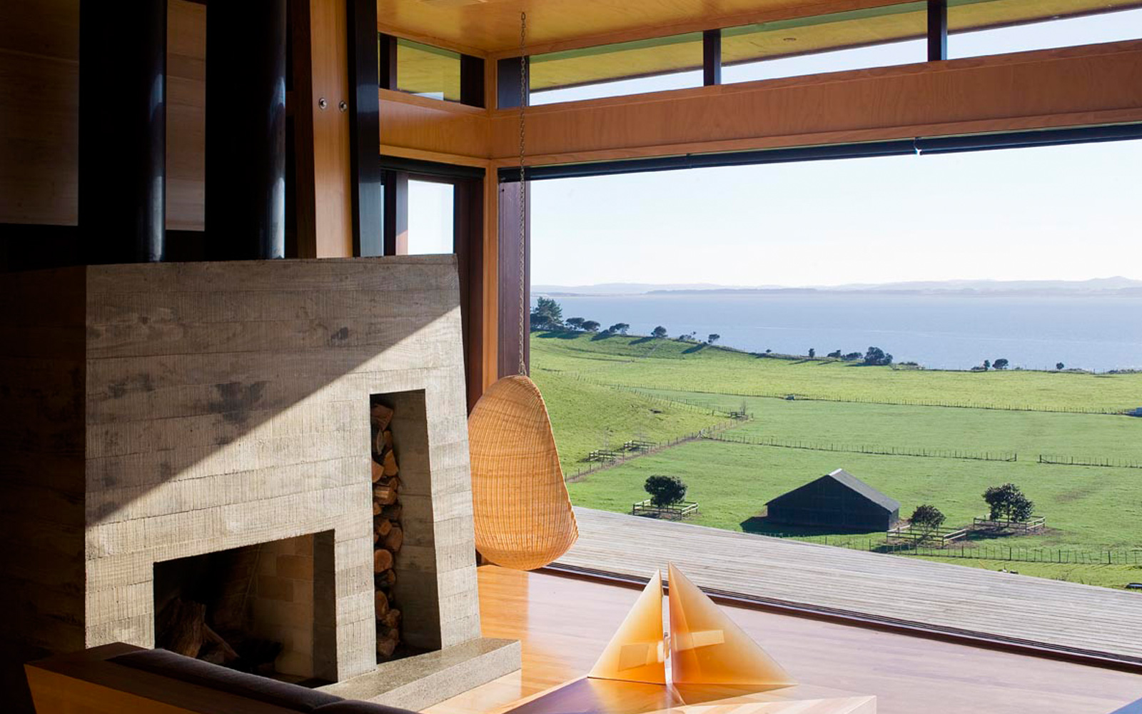 concrete form fireplace with view