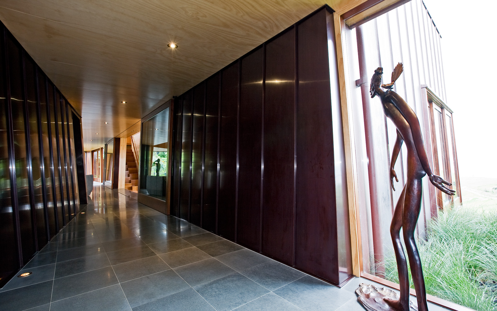 sculpture in copper hallway