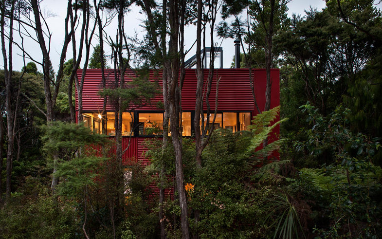 red textured house in NZ bush