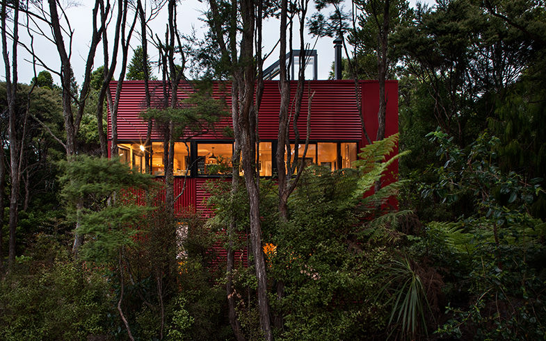 red textural cladding in NZ native bush
