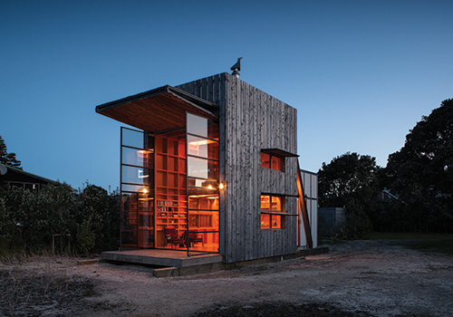 hut on sleds at night